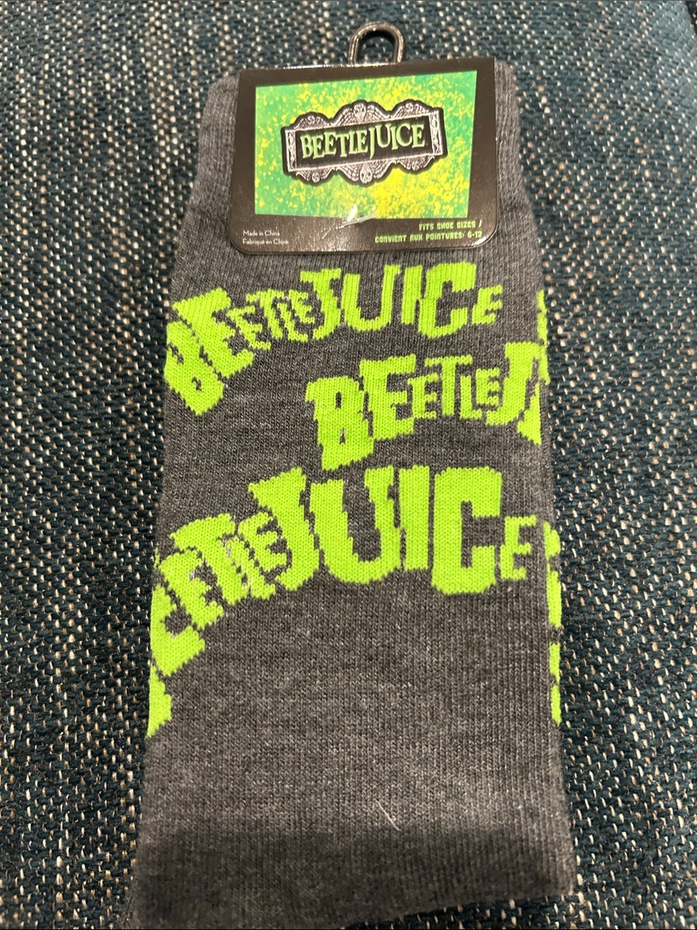 Beetlejuice Women’s Gray Crew Socks with Neon Green Logo
